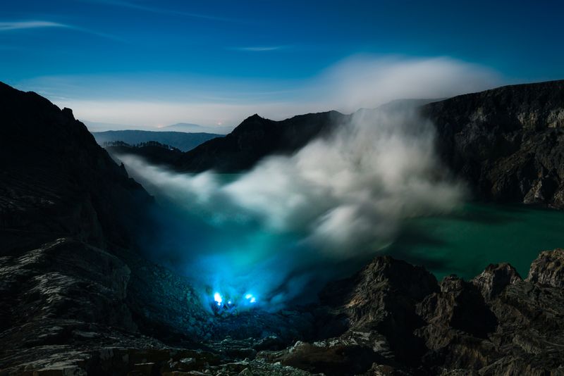 The Blue Lava at Kawah Ijen Volcano in Indonesia