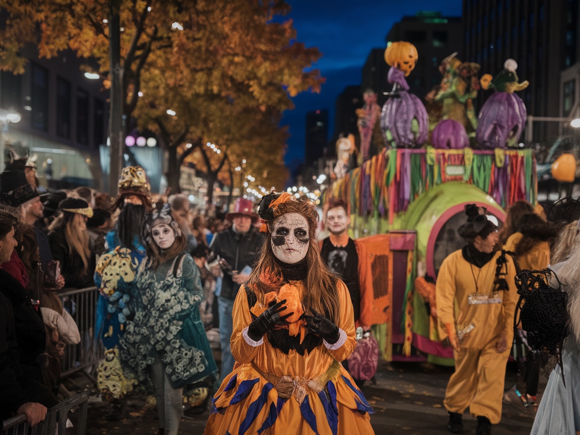 A vibrant Halloween parade in NYC with people in costumes and festive decorations under a night sky.