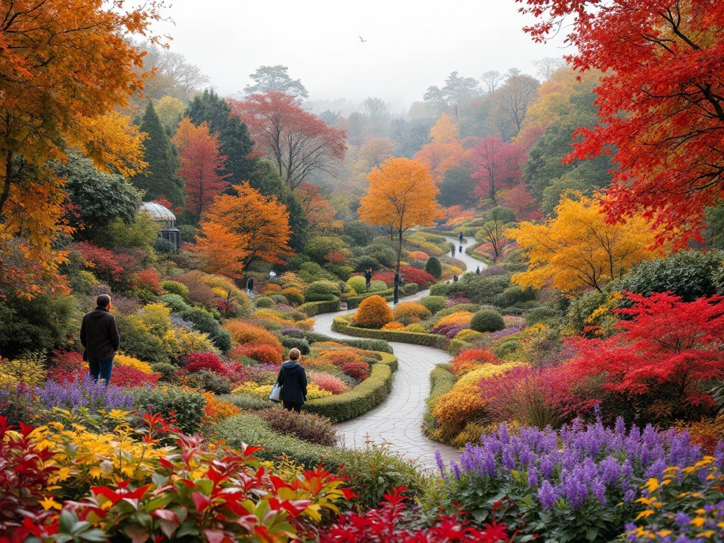 Vibrant autumn foliage at the New York Botanical Garden with winding paths and visitors enjoying the scenery.