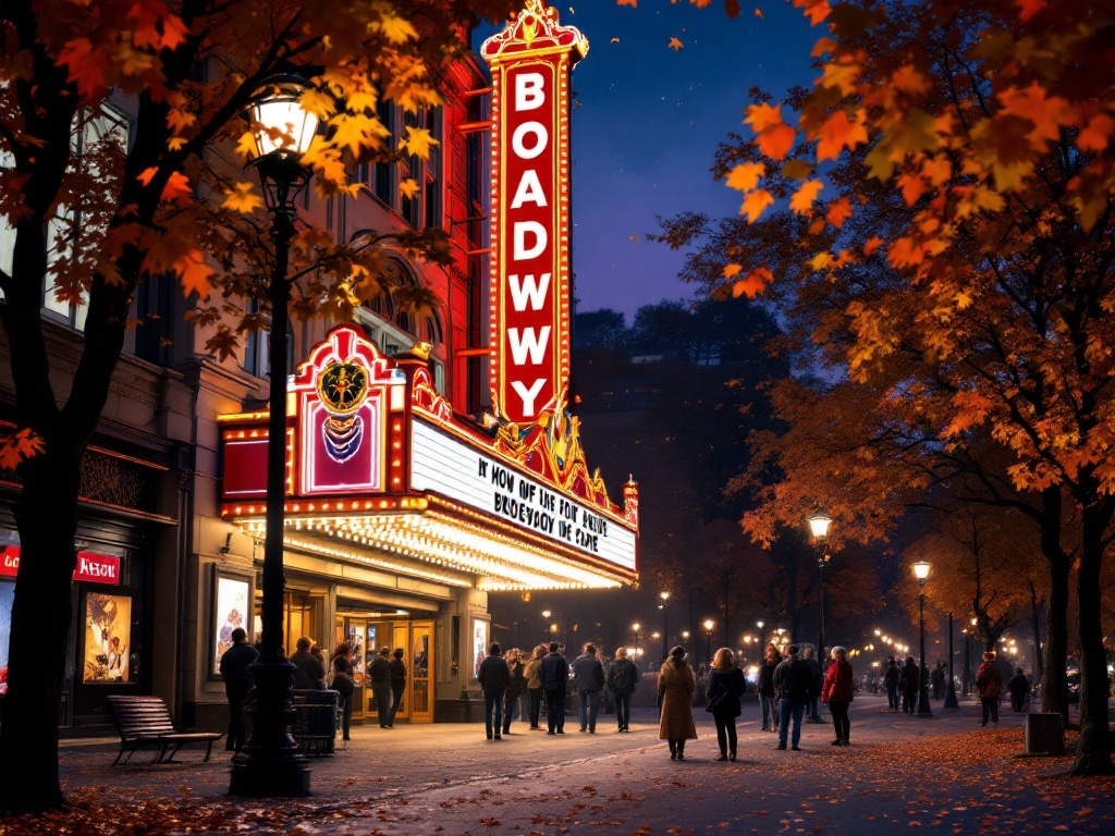 Broadway theater at night with fall foliage and people gathering outside