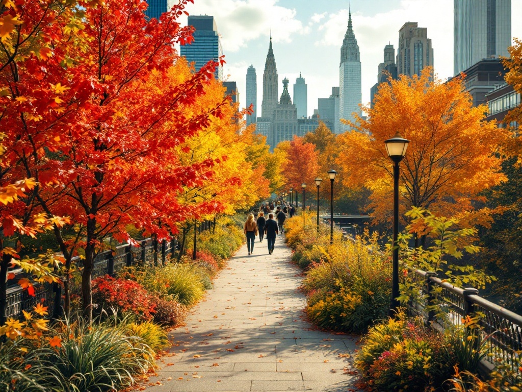 A scenic view of the High Line park in NYC during fall, with colorful trees and a city skyline.