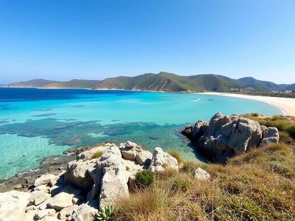 A panoramic view of Dhërmi Beach with turquoise waters and lush green mountains in the background.