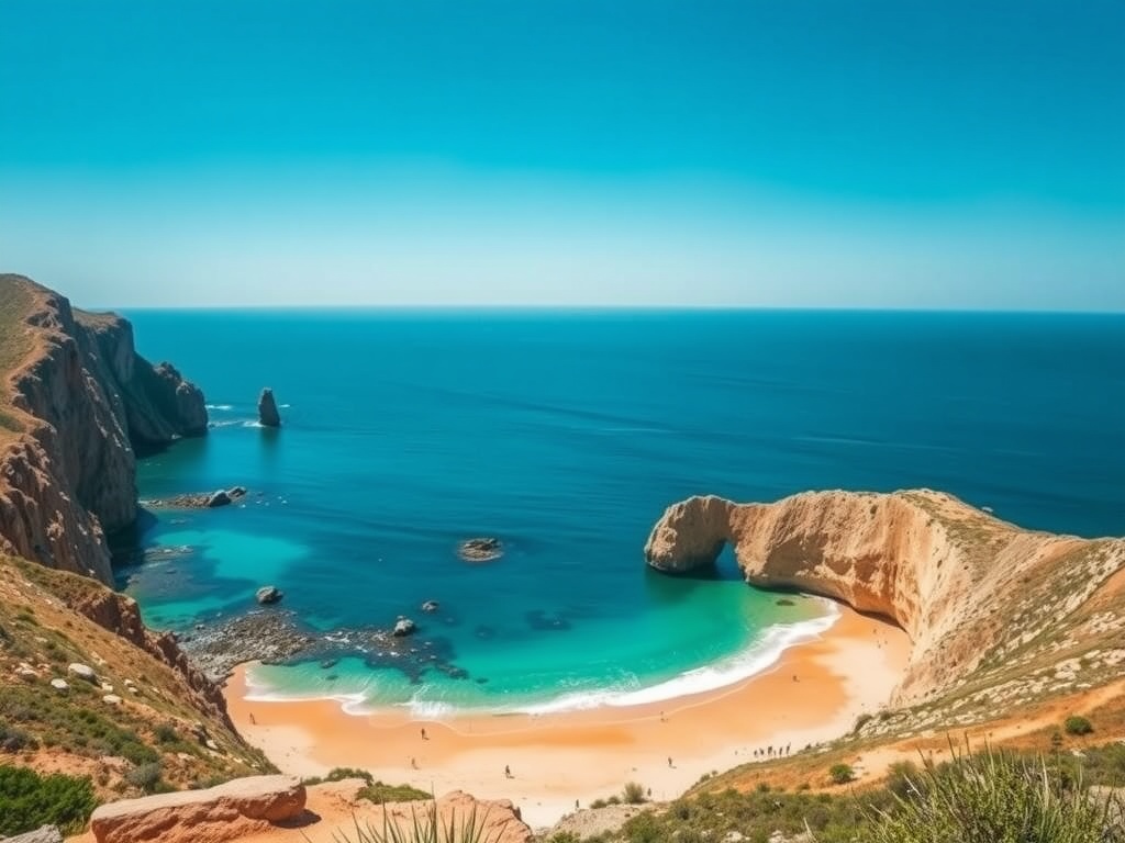 A scenic view of Gjipe Beach, showcasing its golden sand and clear blue waters surrounded by cliffs.
