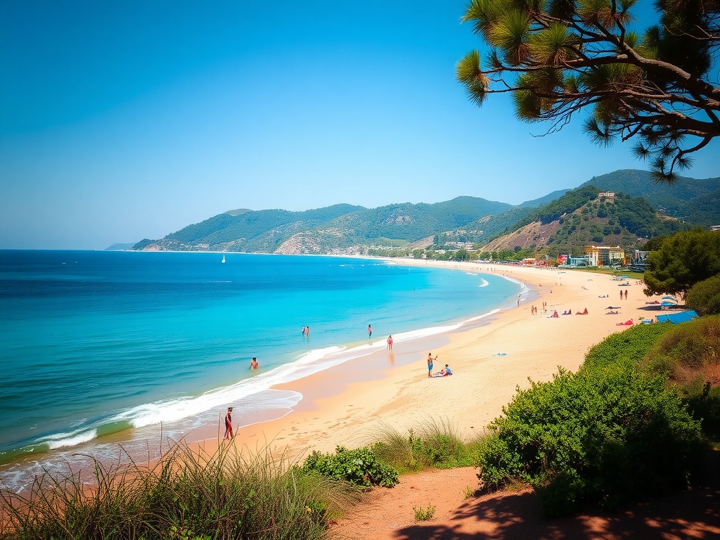 A scenic view of Himara Beach with clear blue waters and sandy shore, surrounded by mountains and greenery.
