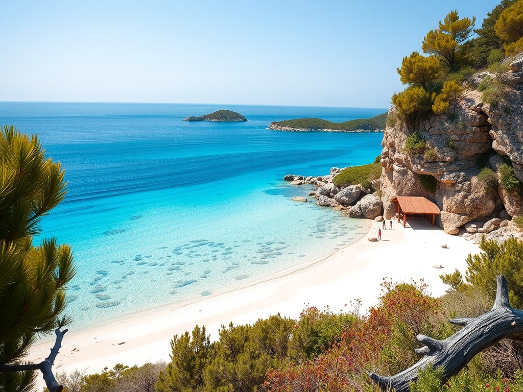A beautiful view of Ksamil Beach with turquoise waters and white sand, framed by lush greenery and rocky cliffs.