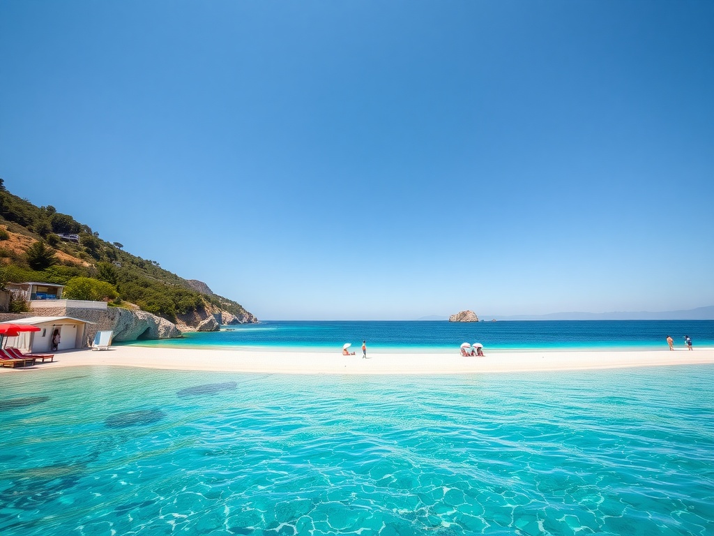 A tranquil view of Llamani Beach with turquoise waters and a clear blue sky.