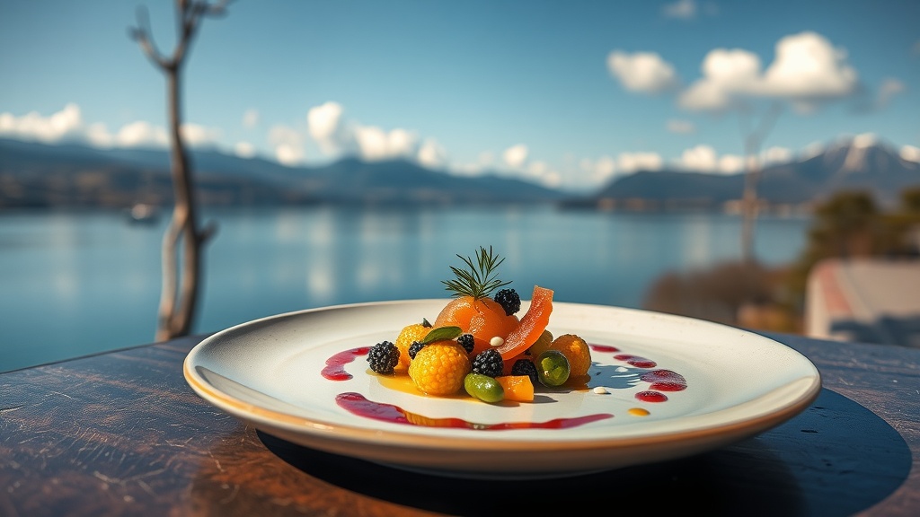 A beautifully plated dessert featuring various fruits, with a scenic lake and mountains in the background.