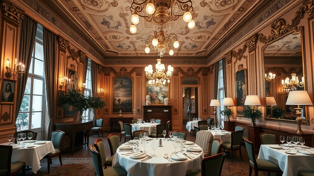 The elegant dining room of Restaurant Le Meurice, showcasing ornate chandeliers, intricate decor, and beautifully set tables.