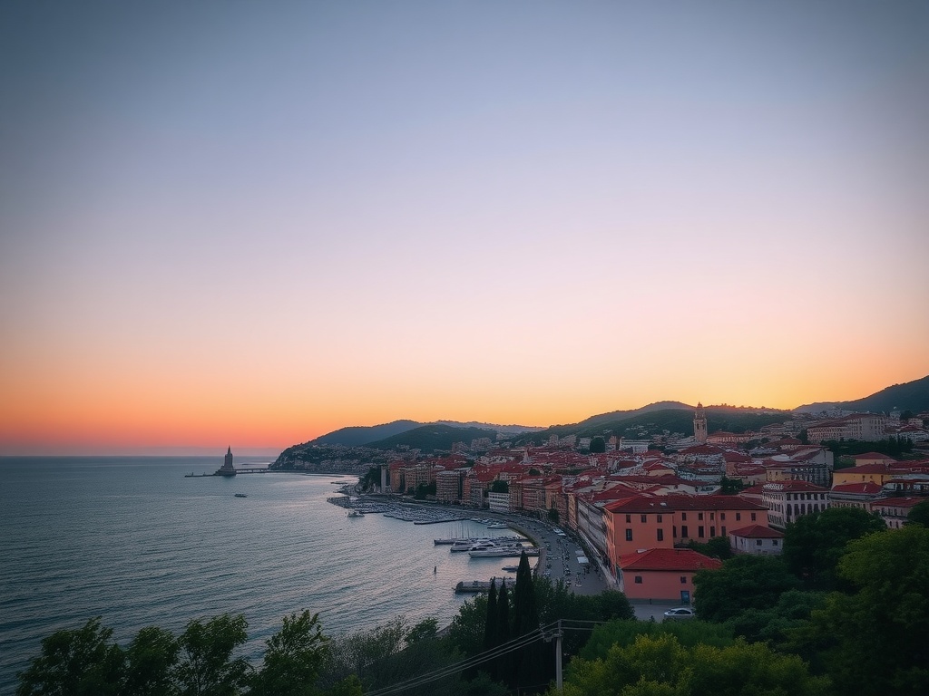 A stunning view of Trieste at sunset, featuring coastal buildings and a lighthouse by the water.