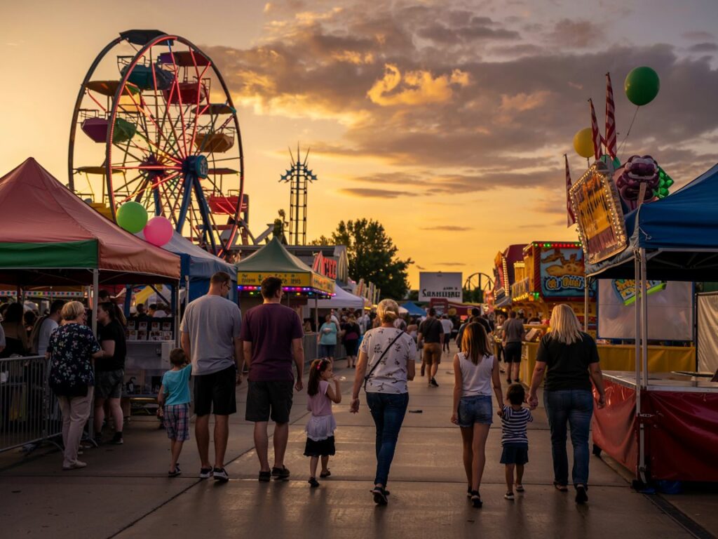 A colorful scene at a state fair featuring bright lights and rides, with families enjoying the atmosphere.