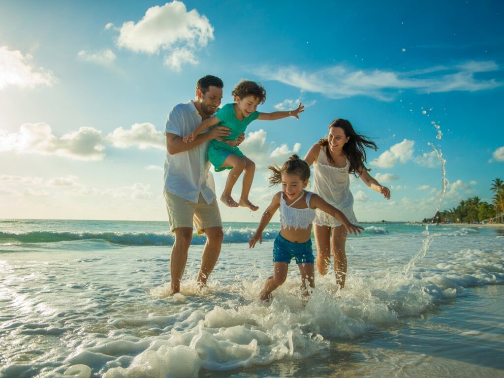 A family enjoying a sunny day at the beach, playing in the water. The parents and two kids are playing together in the shallow ocean water.