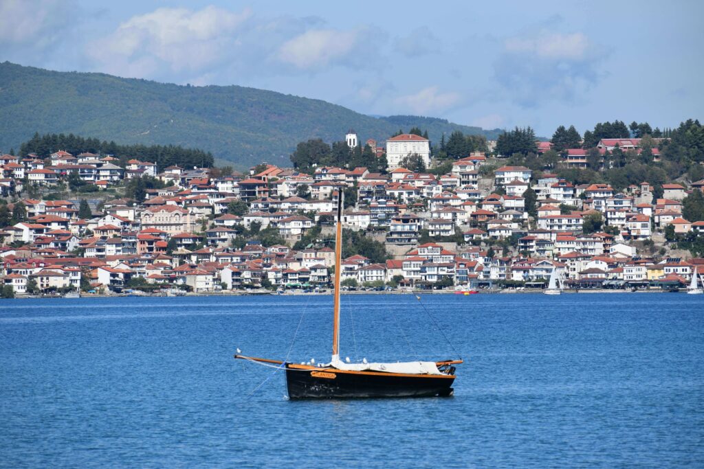 Boats docked on the shores of Lake Ohrid
