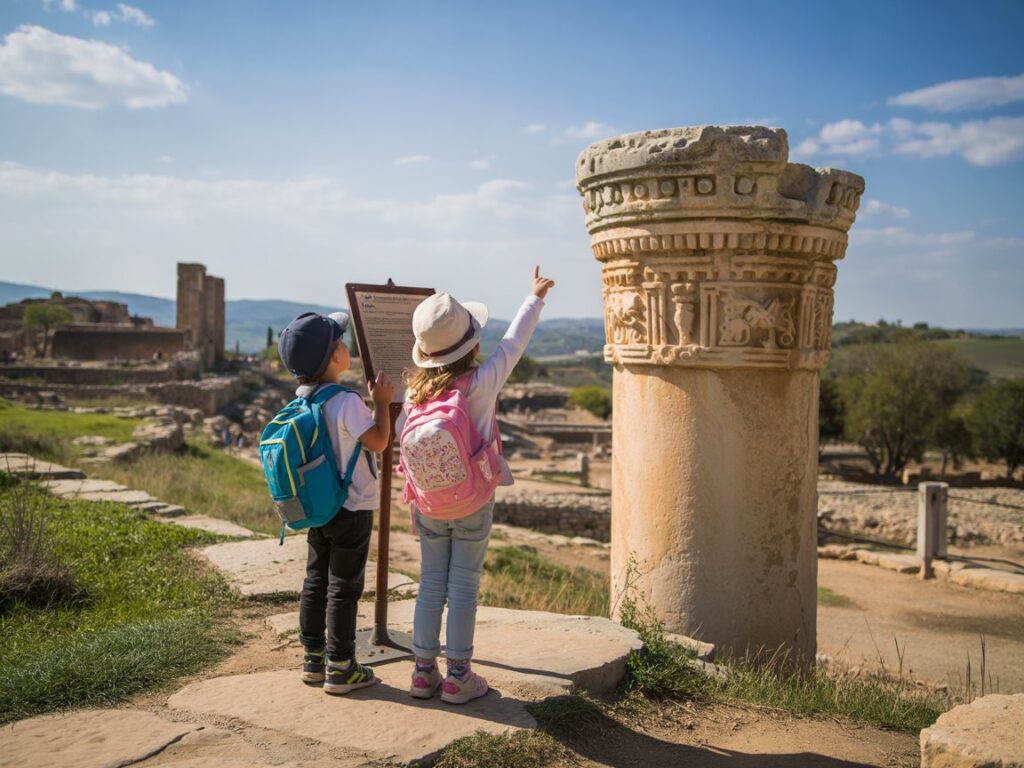 Children exploring an ancient historical site with columns and informative signs.