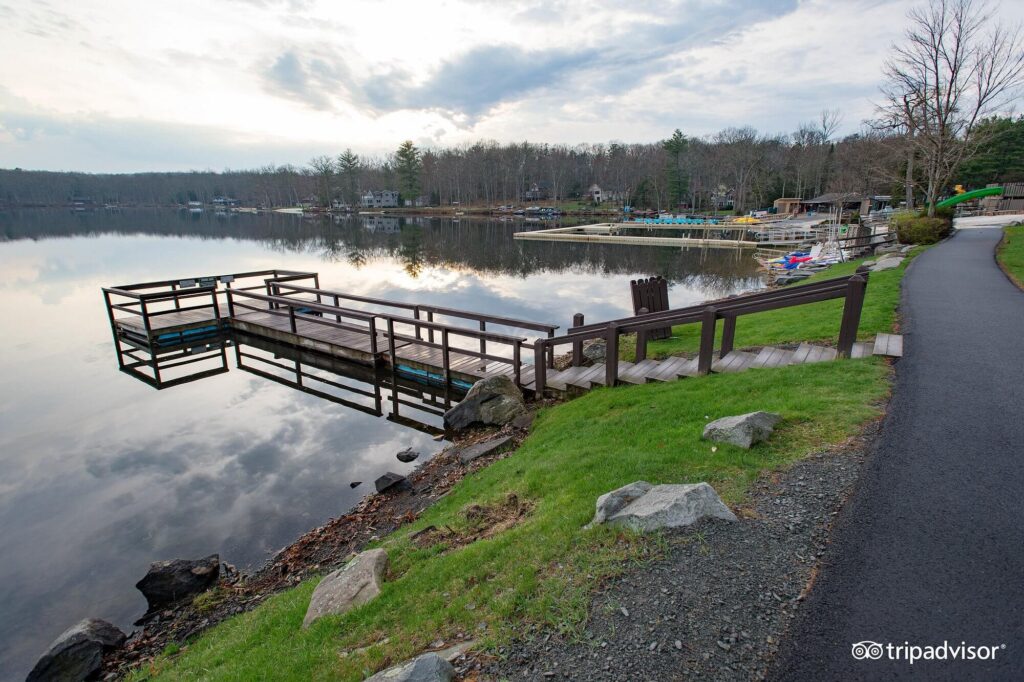 Dawn stillness on the lake at Woodloch Pines Resort in the Pocono Mountains