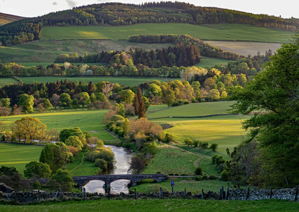 Rolling green pastures and the River Tweed viewed from Manor Sware overlooking Tweeddale, Peebles, Scotland