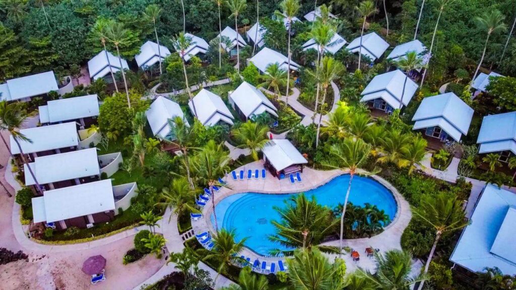 Saletoga Sands Resort’s clustered beachfront bungalows encircling a palm-edged lagoon