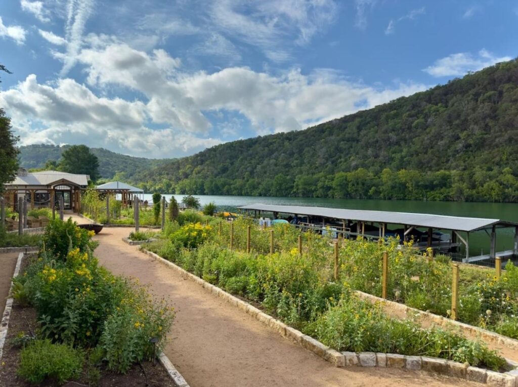Serene lakeside garden path and dock at Lake Austin Spa Resort on the Colorado River