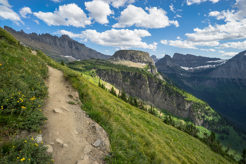 A narrow alpine path winds along the cliffs of the Highline Trail in Glacier National Park