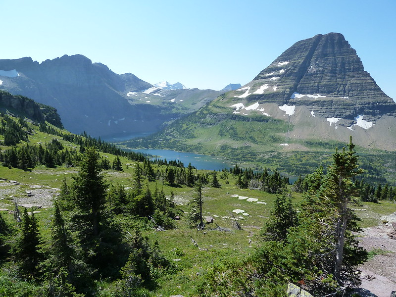 Bearhat Mountain rises above the alpine meadows and deep blue waters of Hidden Lake Overlook