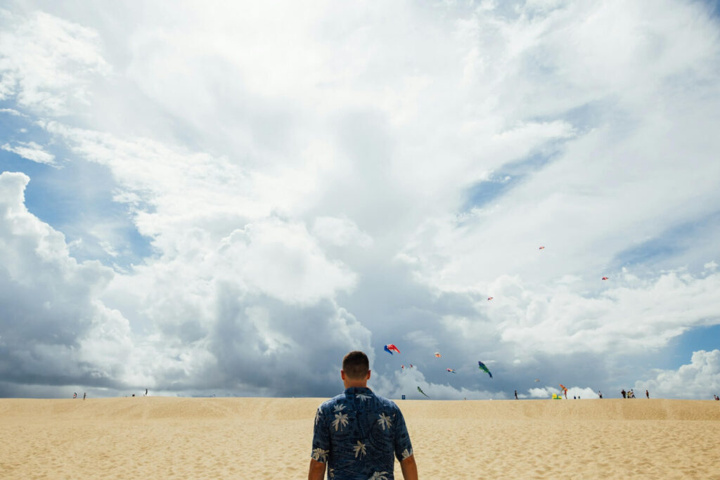 Kites dot the sky over the windswept dunes at Nags Head, North Carolina