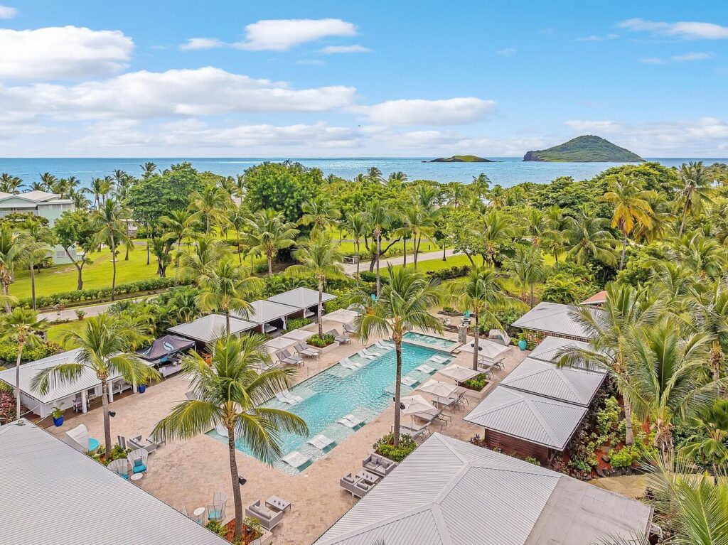 Private plunge pools and island palms surround Serenity at Coconut Bay, St. Lucia