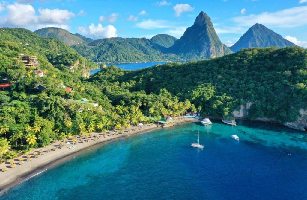 Terraced sanctuaries face the iconic Pitons at Jade Mountain Resort, St. Lucia