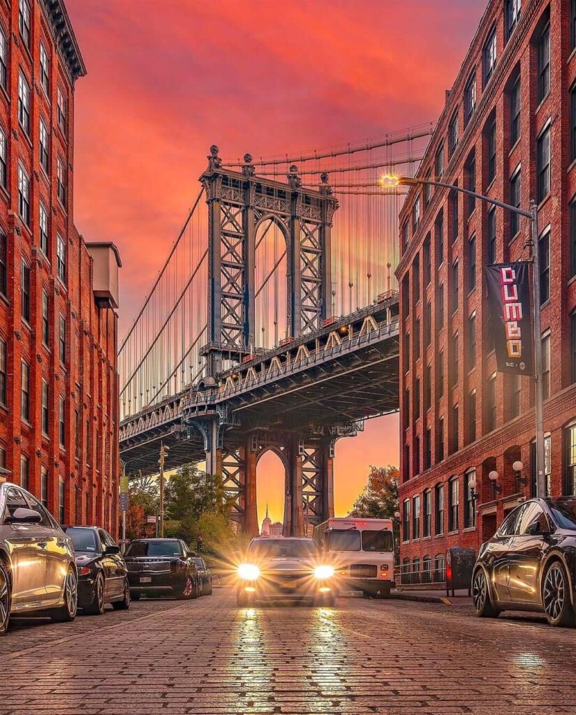 Iconic Sunrise View Of Manhattan Bridge in Brooklyn, NY