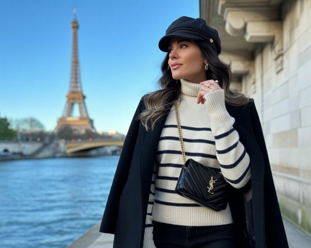 Black Coat Over a Striped Turtleneck