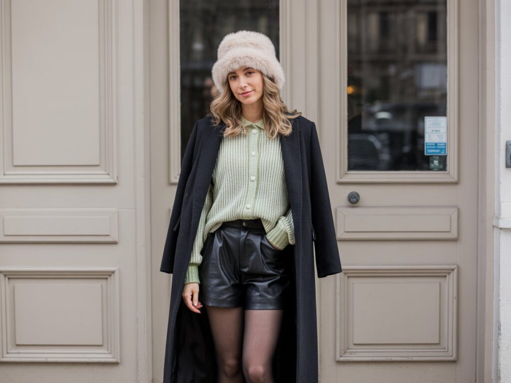 Black Longline Coat with Leather Shorts