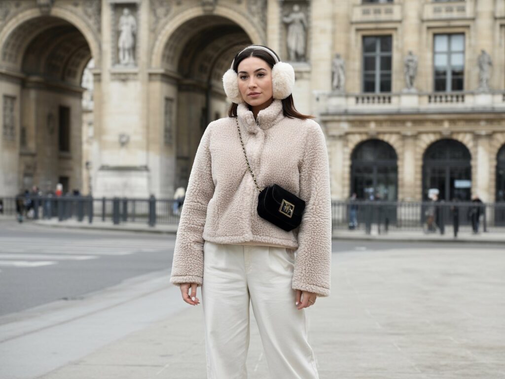 Cozy Cream Teddy Coat and White Wide-Leg Trousers