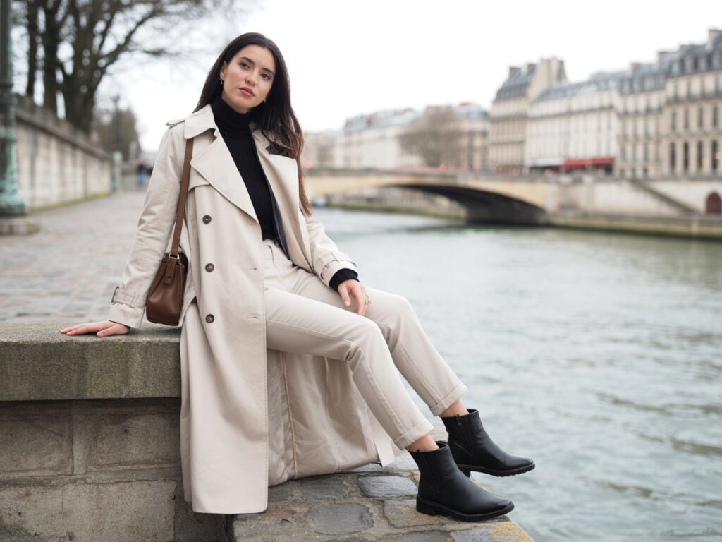 Cream Trench with a Black Turtleneck