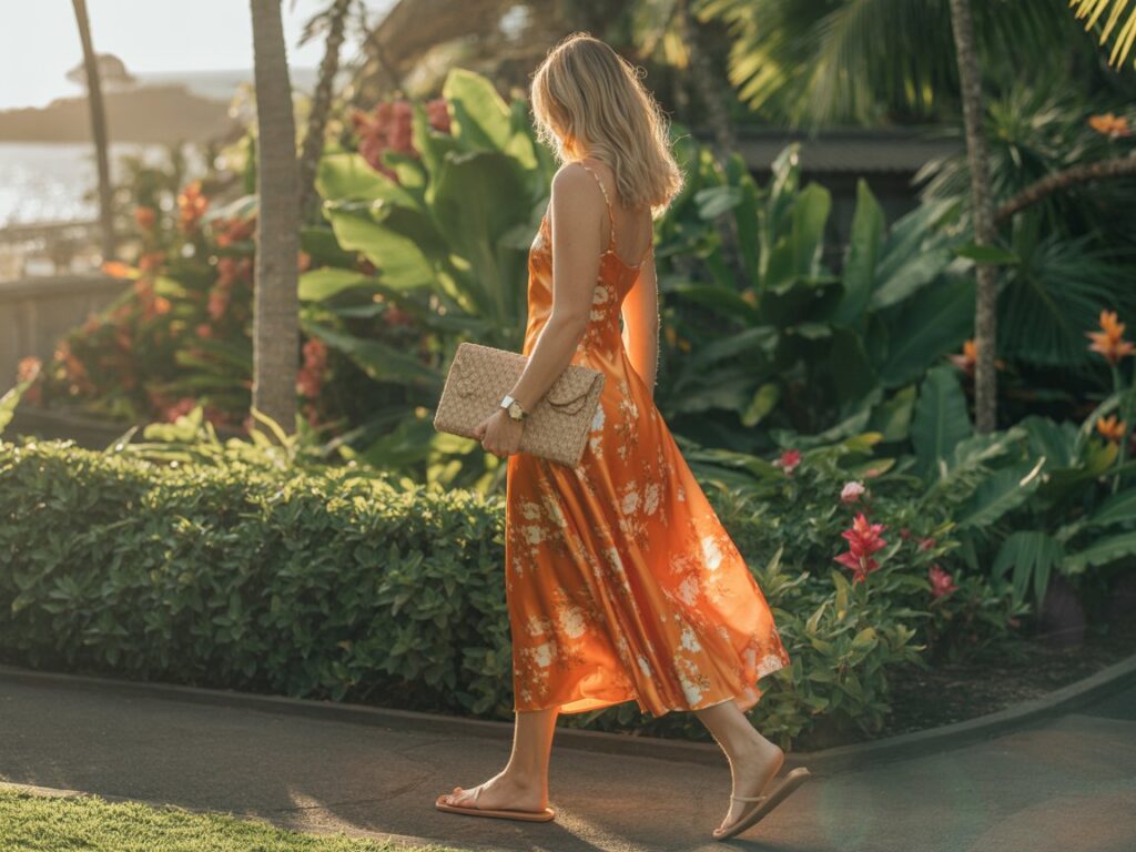 Orange Satin Floral Dress with a Soft, Sunset Feel
