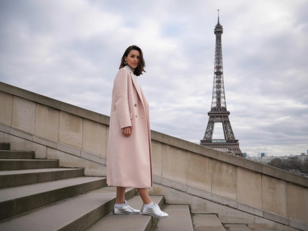 Oversized Pink Coat Styled with White Sneakers