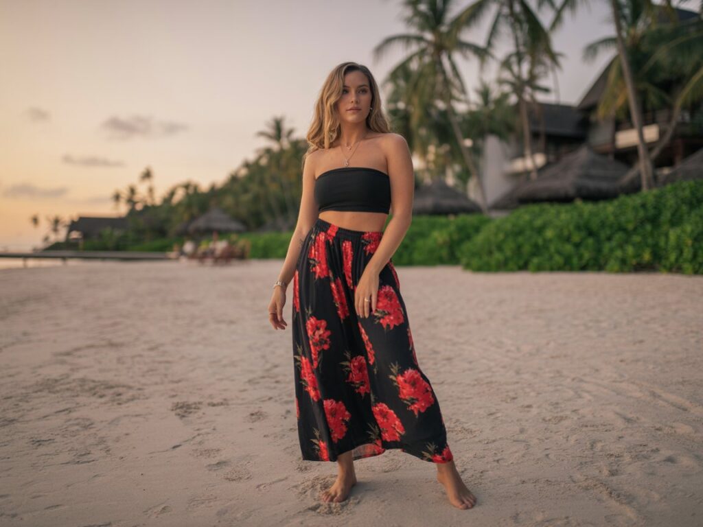 Red Floral Maxi Skirt Worn with a Black Tube Top