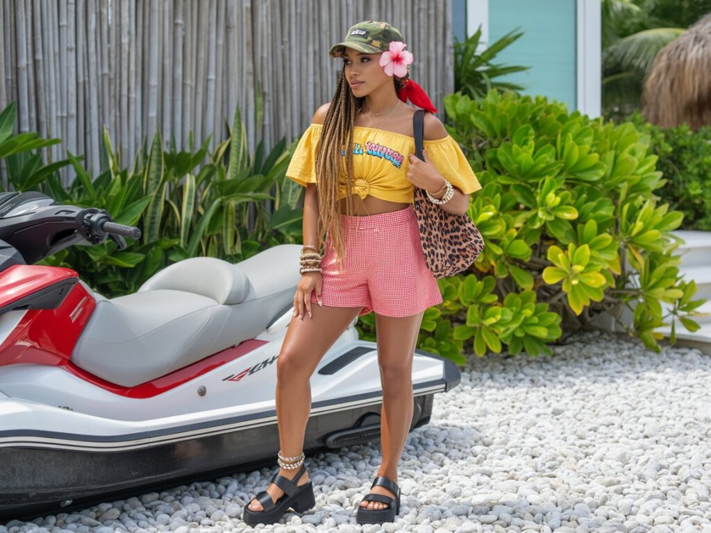 Red Gingham Shorts Paired with a Yellow Crop Top