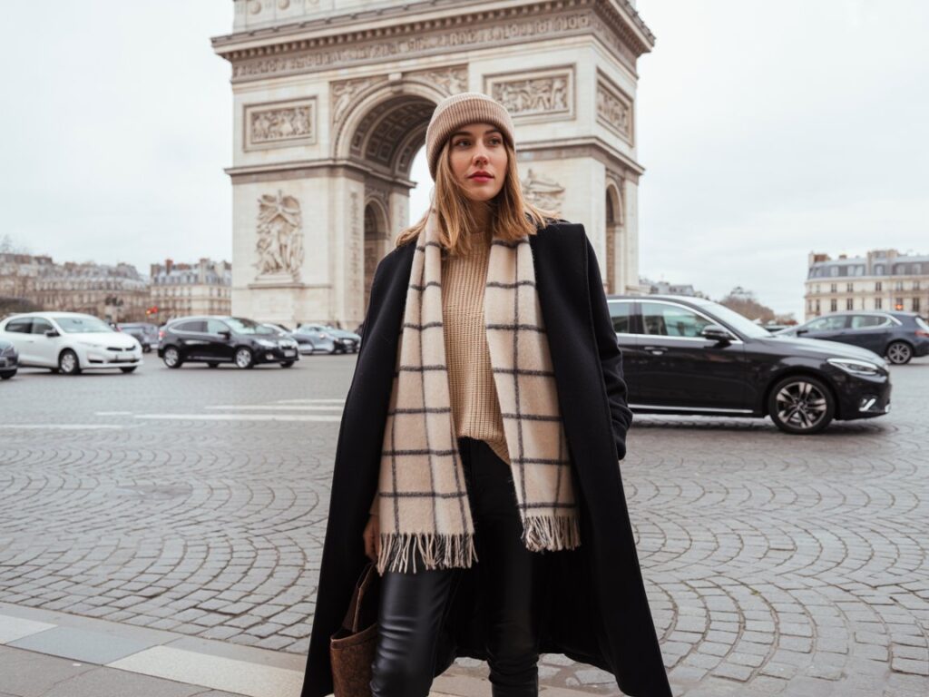 Sleek Black Coat with Leather Pants