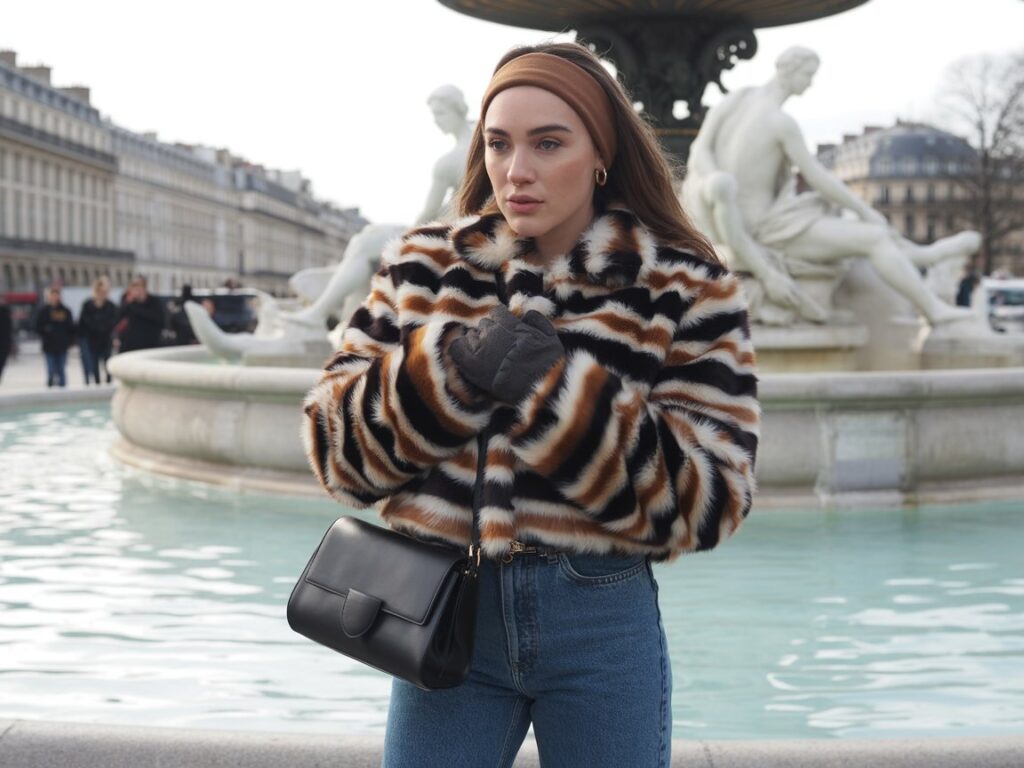 Tiger-Print Fur Jacket with Blue Denim