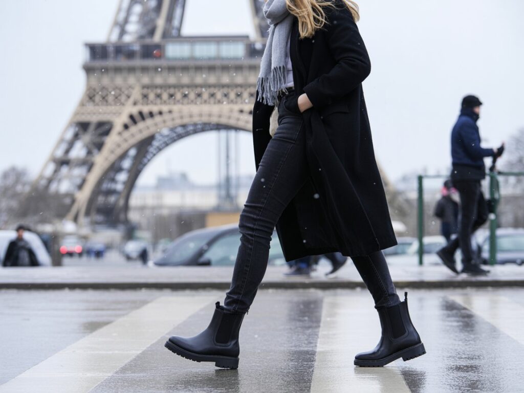 Waterproof Chelsea boots made for winter walks in Paris.