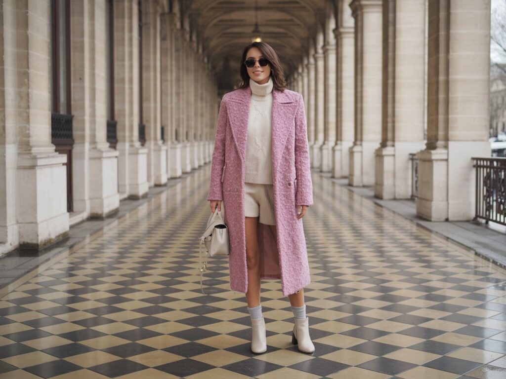 Pink Wool Coat with a Cream Knit Short Set