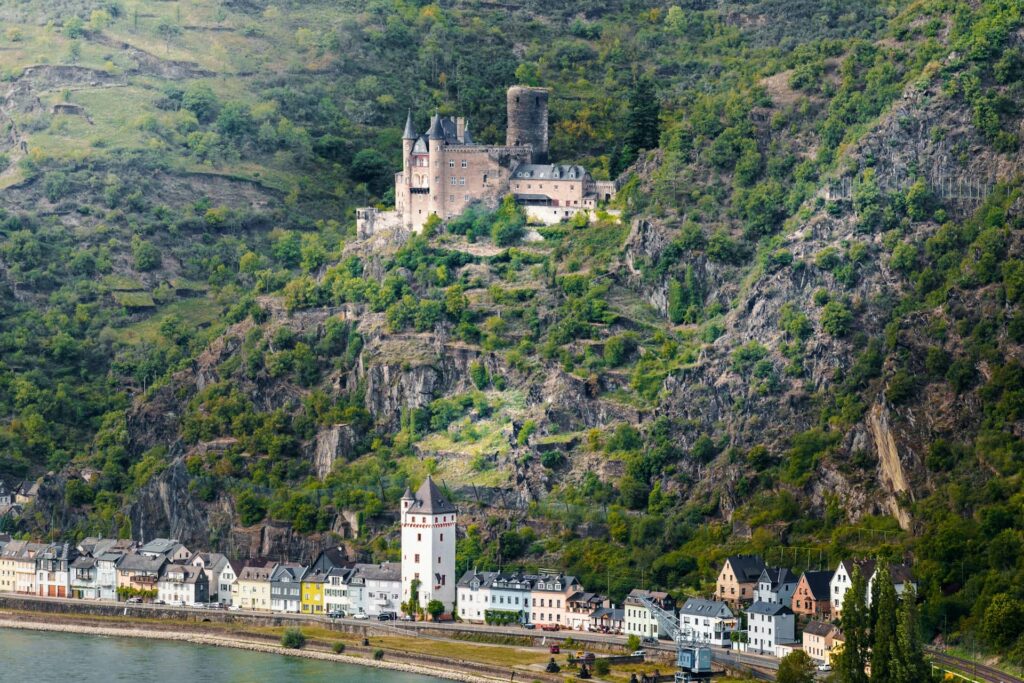 Castle Katz Loreley Hillside Town Rhine River Germany.