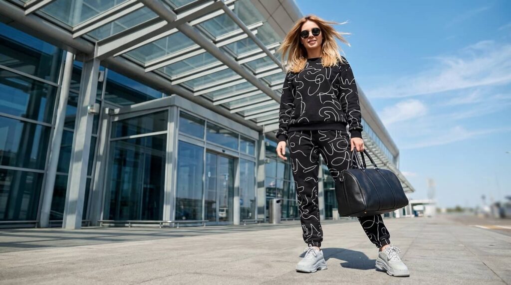 Cute Graphic Black and White Matching Set Airport Outfit Ideas