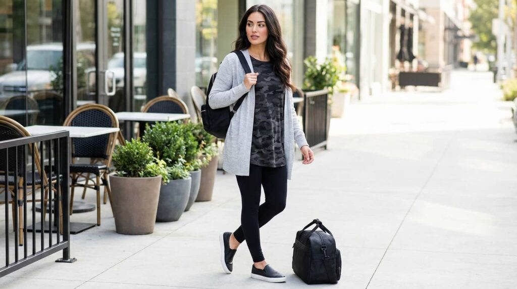 Leggings + Tunic Tee + Cardigan + Slip-Ons