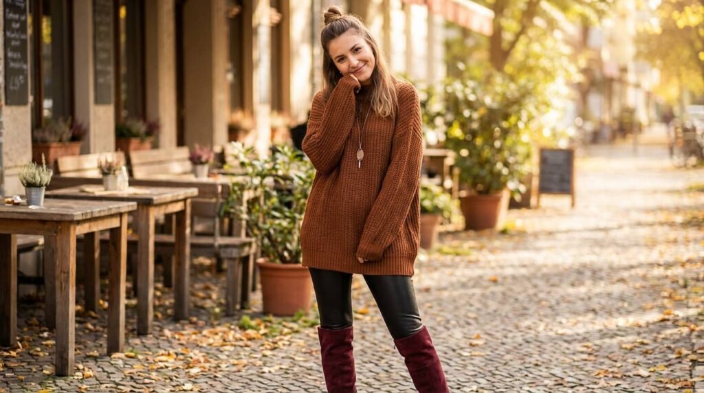 Leather Leggings + Tunic Sweater + Boots