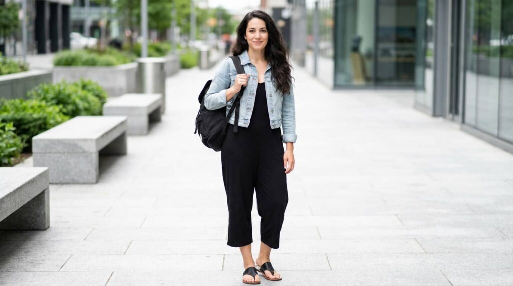 Pants Romper + Denim Jacket + Sandals