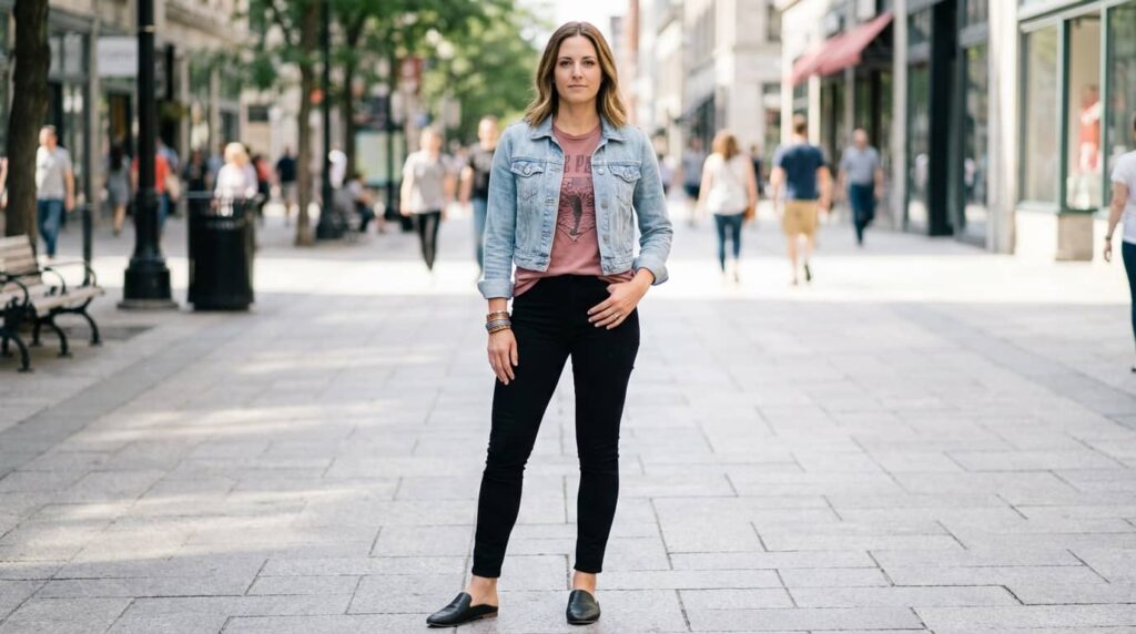 Joggers + Graphic Tee + Denim Jacket + Lace-Up Sneakers