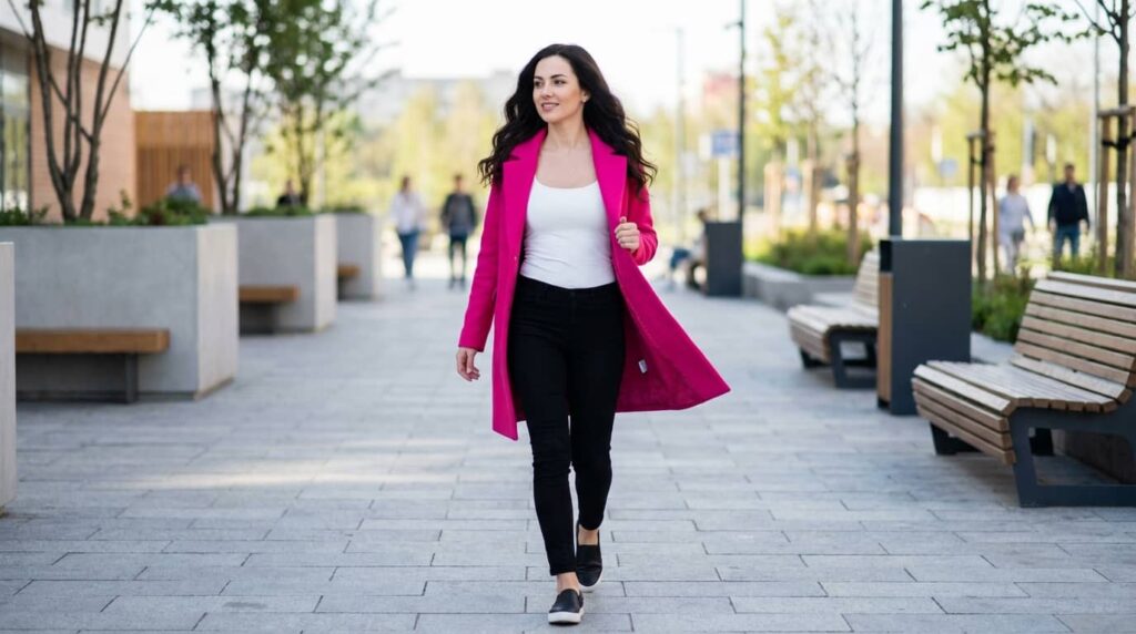 Black Jeans + White Top + Long Coat + Slip-Ons