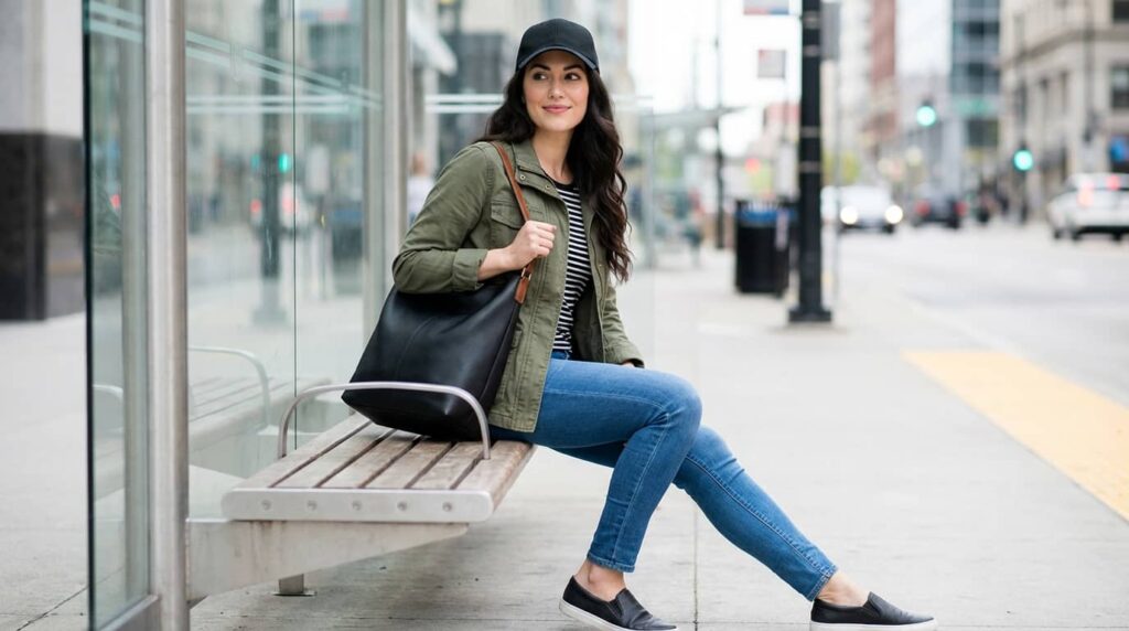 Jeans + Striped Top + Utility Jacket + Chelsea Boots