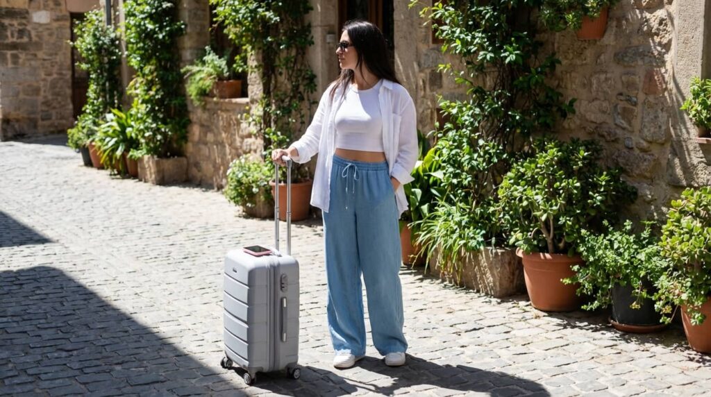 White Shirt + Wide-Leg Pants Travel Look