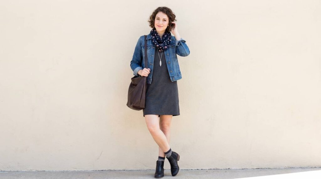 T-Shirt Dress + Denim Jacket + Scarf + Slip-Ons