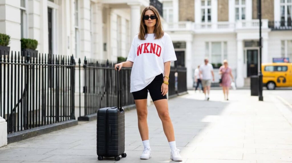 Oversized Tee + Biker Shorts Travel Look